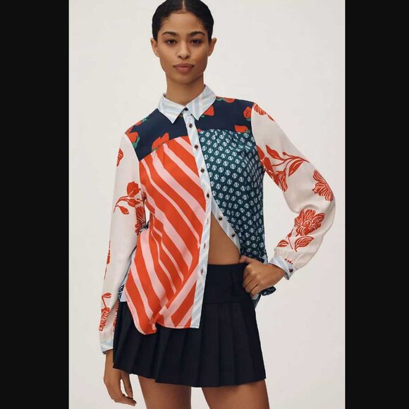 Plus 3X Maeve x Anthropologie Paz contrast button down shirt blouse red blue 4 - Picture 2 of 10
